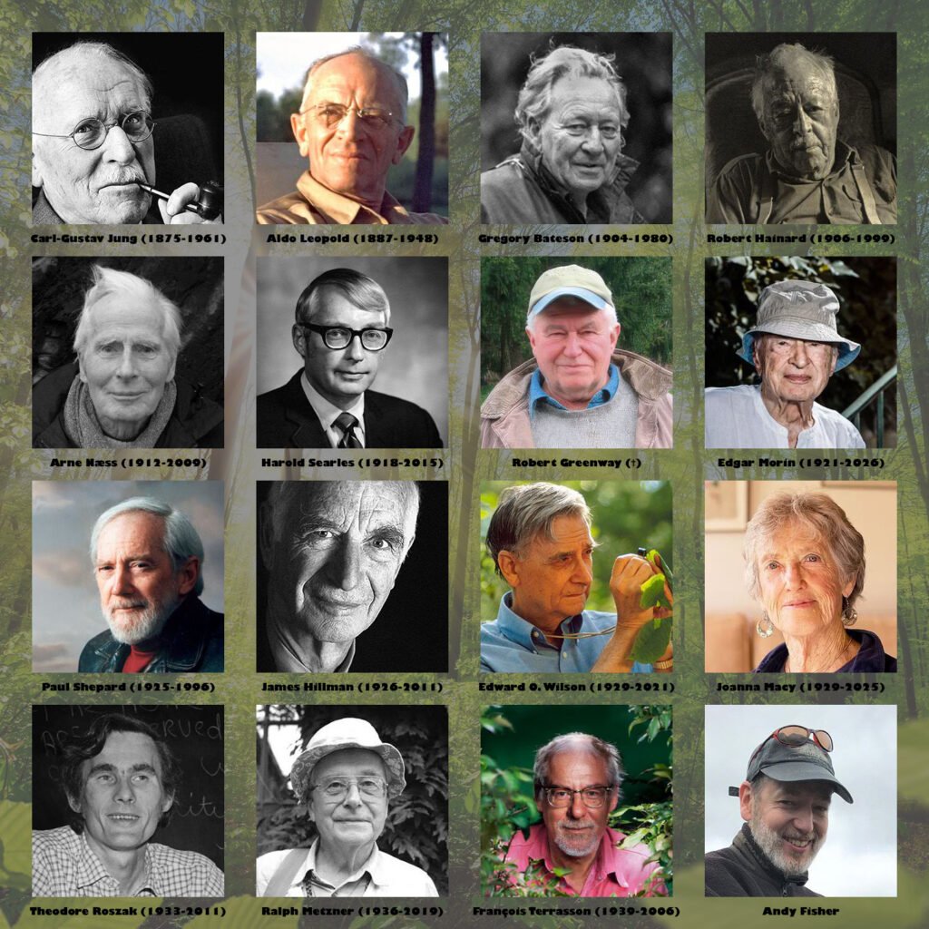 Seize figures historiques de l'écopsychologie : Carl-Gustav Jung, Aldo Léopold, Gregory Bateson, Robert Hainard, Arne Næss, Harold Searles, Robert Greenway, Edgar Morin, Paul Shepard, James Hillman, Edward O. Wilson, Joanna Macy, Theodore Roszak, Ralph Metzner, François Terrasson, Andy Fisher